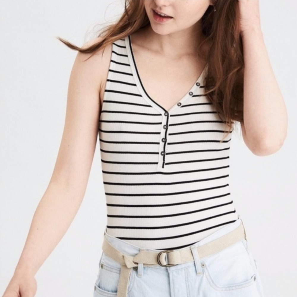 American Eagle Soft & Sexy Black & White Striped Henley  Bodysuit | Size Medium